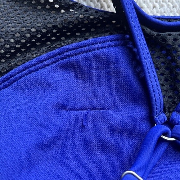 Zella athletic tank top with racerback and mesh straps. Purple with black mesh. - Picture 3 of 5